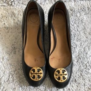 Tory Burch Black Wedges with Gold Emblem 8.5